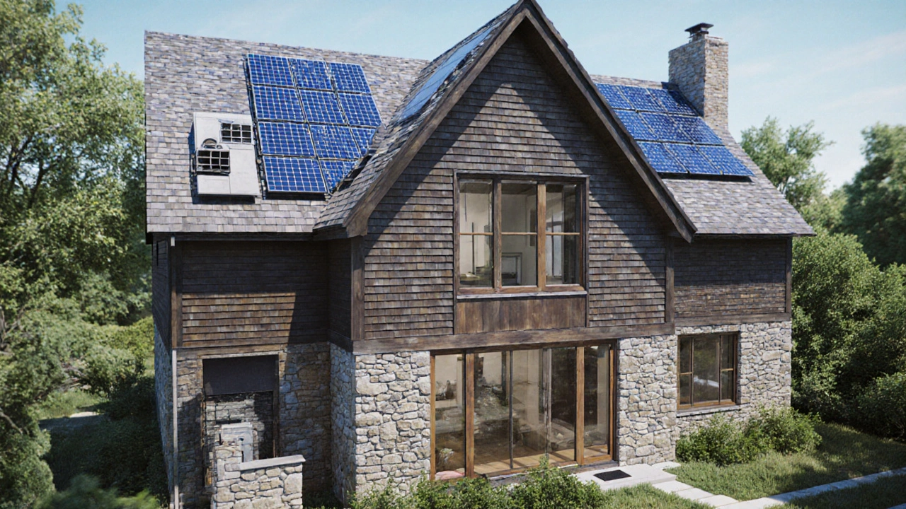 Concept art of a Dutch Colonial house renovated with solar tiles, large windows, and modern sustainable features.