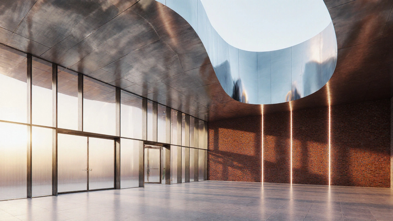 Conceptual lobby with wave‑shaped steel roof, tinted glass walls, and exposed brick accent.