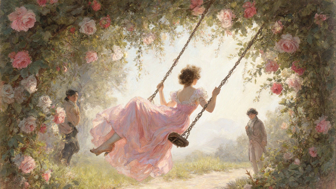 Fragonard’s The Swing scene: lady on swing amid rose‑laden garden, pastel colors.