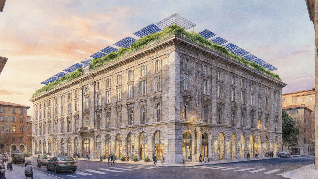Historic palazzo renovated with glass windows, rooftop garden, and solar panels.