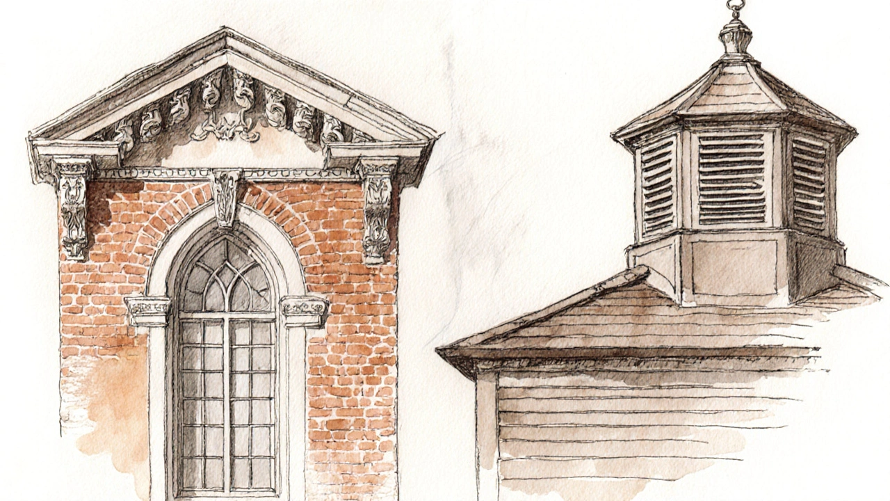 Illustration highlighting bracketed cornice, narrow arched window, and cupola of Italianate style.
