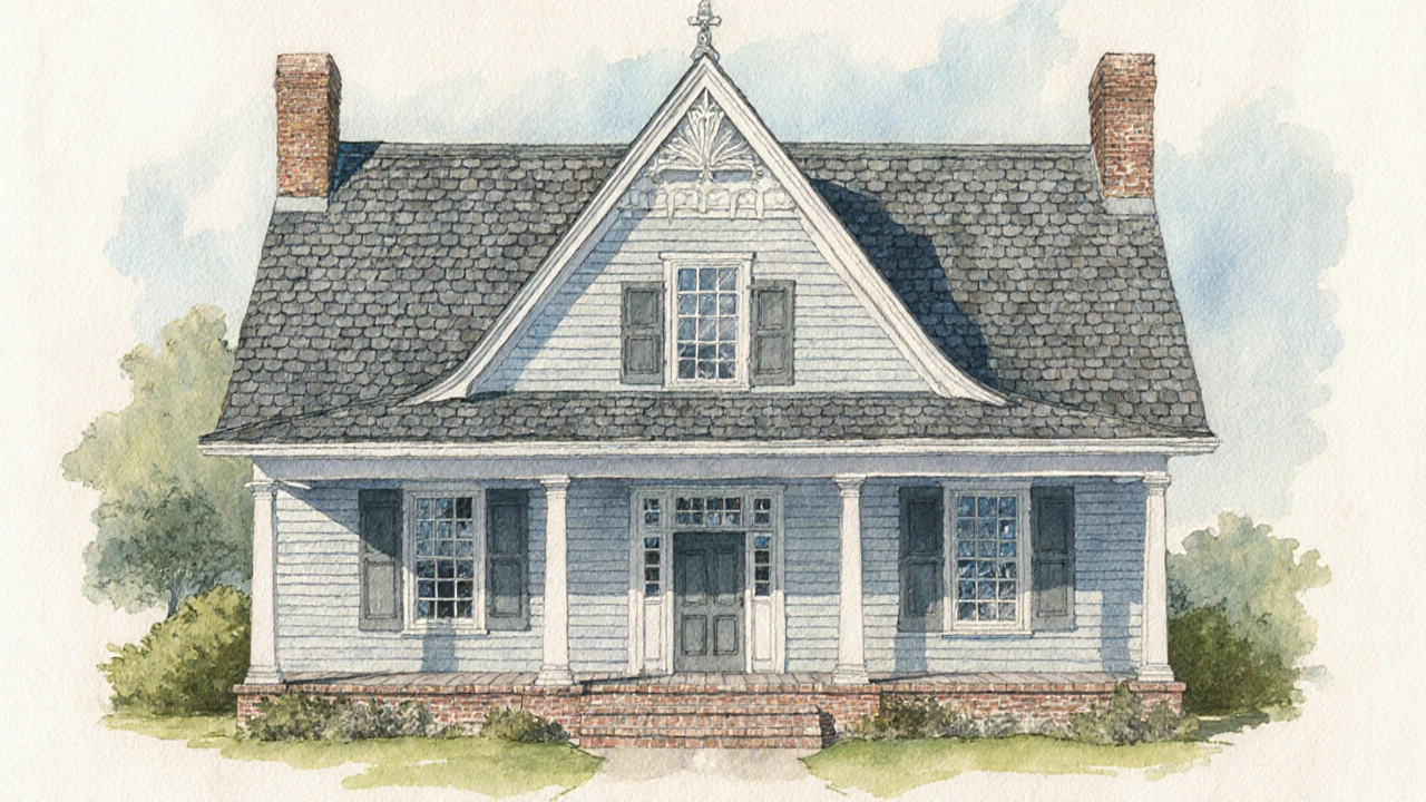 Illustration highlighting gambrel roof, flared eaves, Dutch door and symmetrical windows of a Dutch Colonial home.