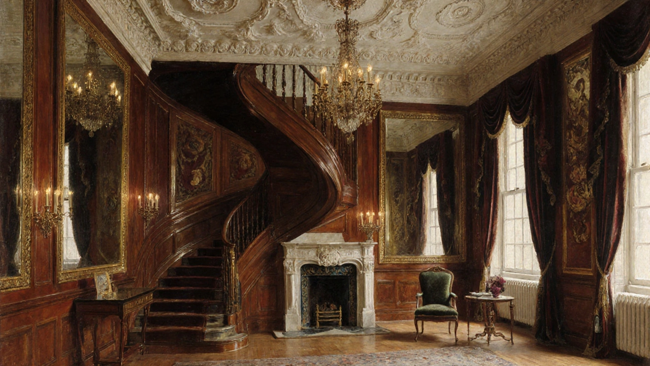 Interior of a Georgian drawing room with mahogany staircase, mirrors, and marble fireplace in soft candlelight.