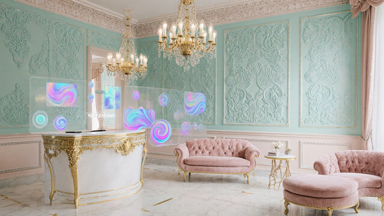 Modern boutique lobby featuring Rococo‑inspired pastel curves, gilded accents and digital UI motifs.