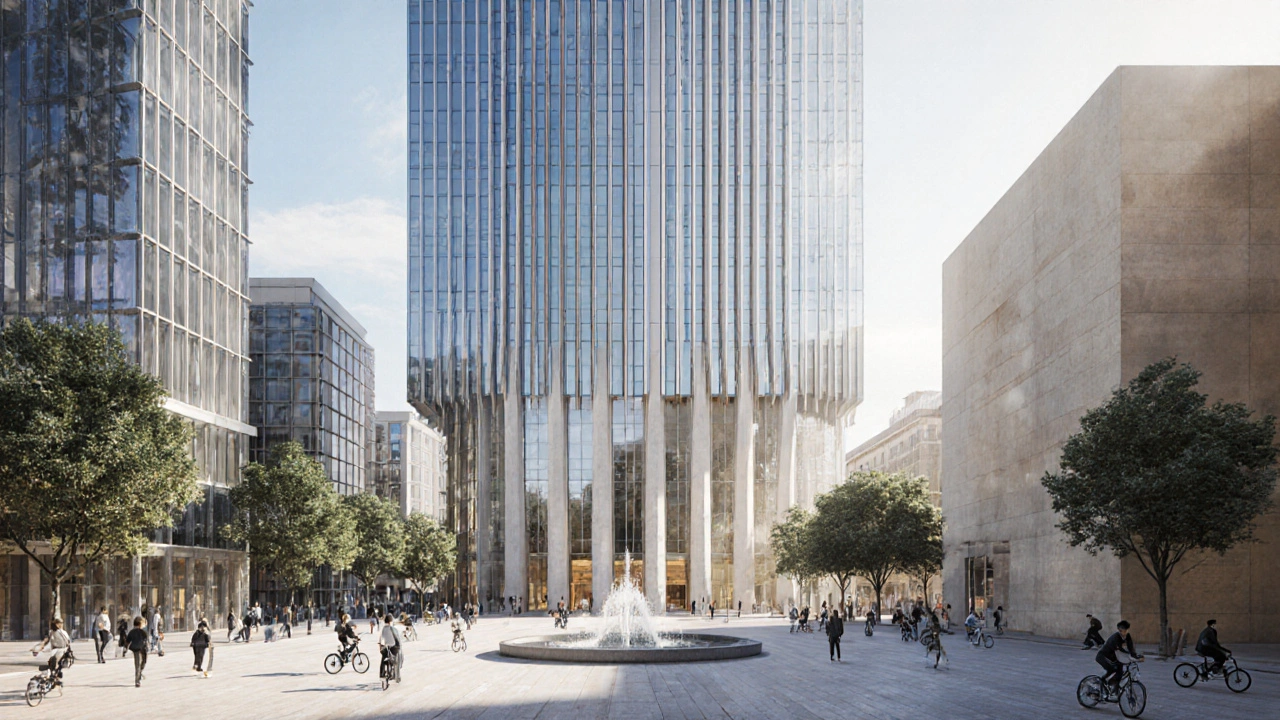 Modern city plaza with symmetrical glass tower and abstract column‑like fins.