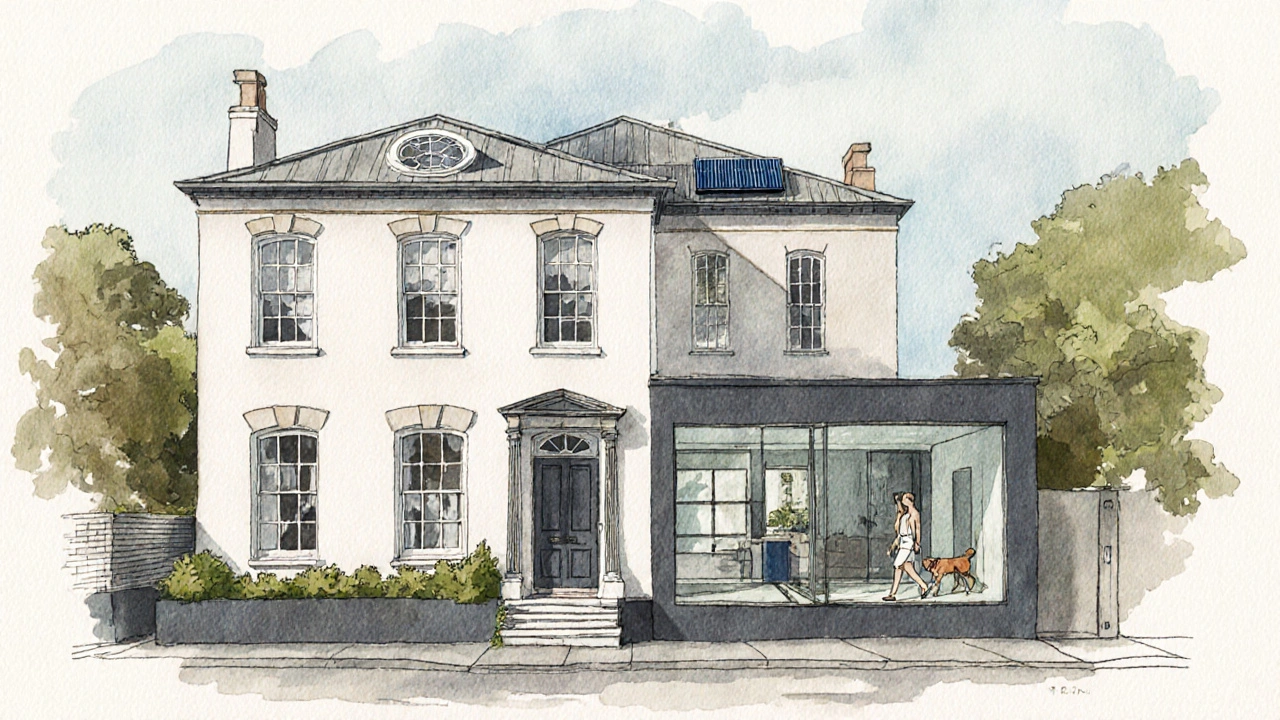 Modern Georgian home in Melbourne with original facade and subtle glass extension, couple walking dog.