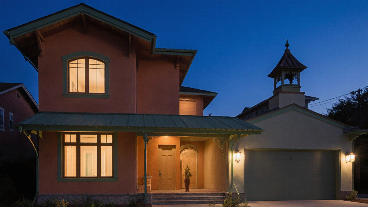 Modern home showing bracketed eaves, tall arched windows, and a small cupola on a garage.