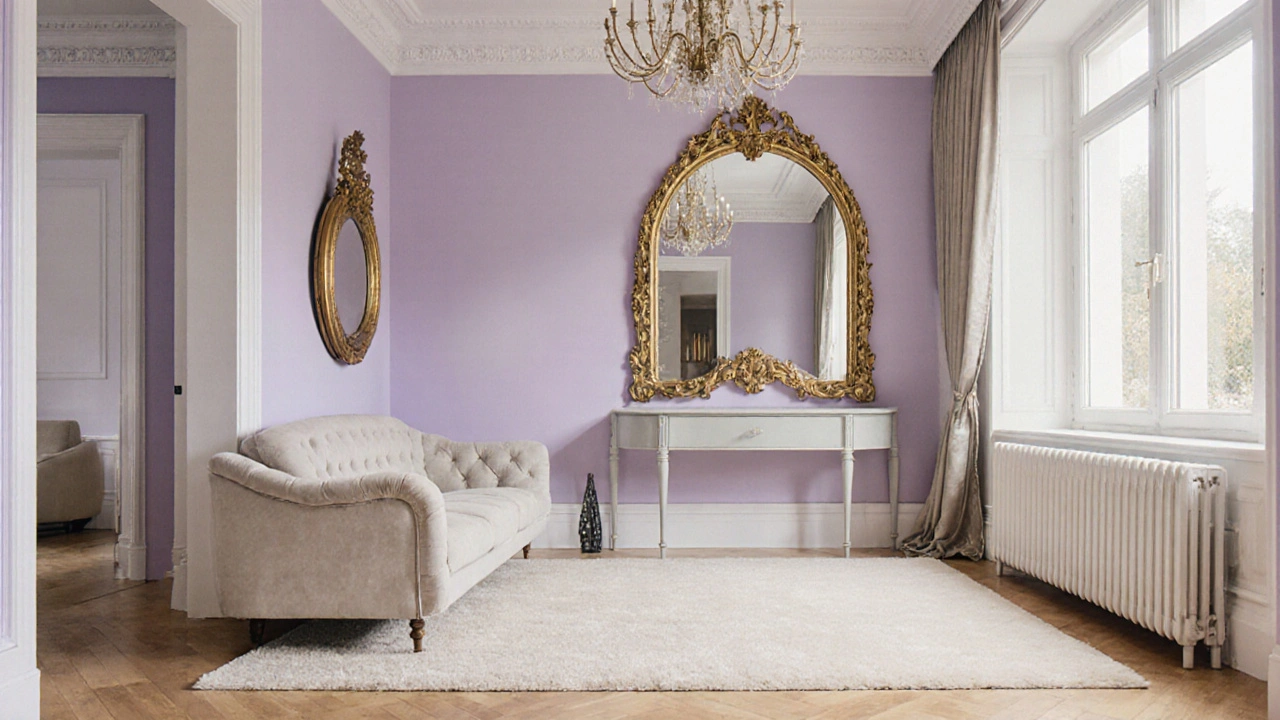 Modern living room with pastel accent wall, curvy sofa, and gilded mirror.