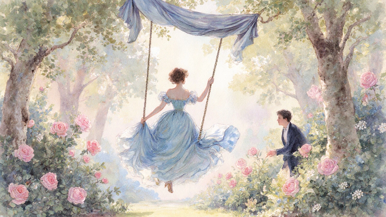 Watercolor of a woman on a swing in a pastel garden, watched by a hidden lover.