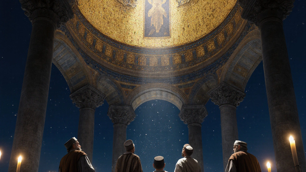 A floating golden dome radiates divine light in a dim Byzantine church, no visible supports.