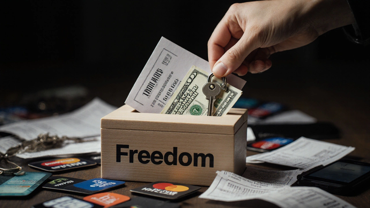 A hand placing a key into a wooden box labeled &#039;Freedom&#039; as financial clutter fades behind it.