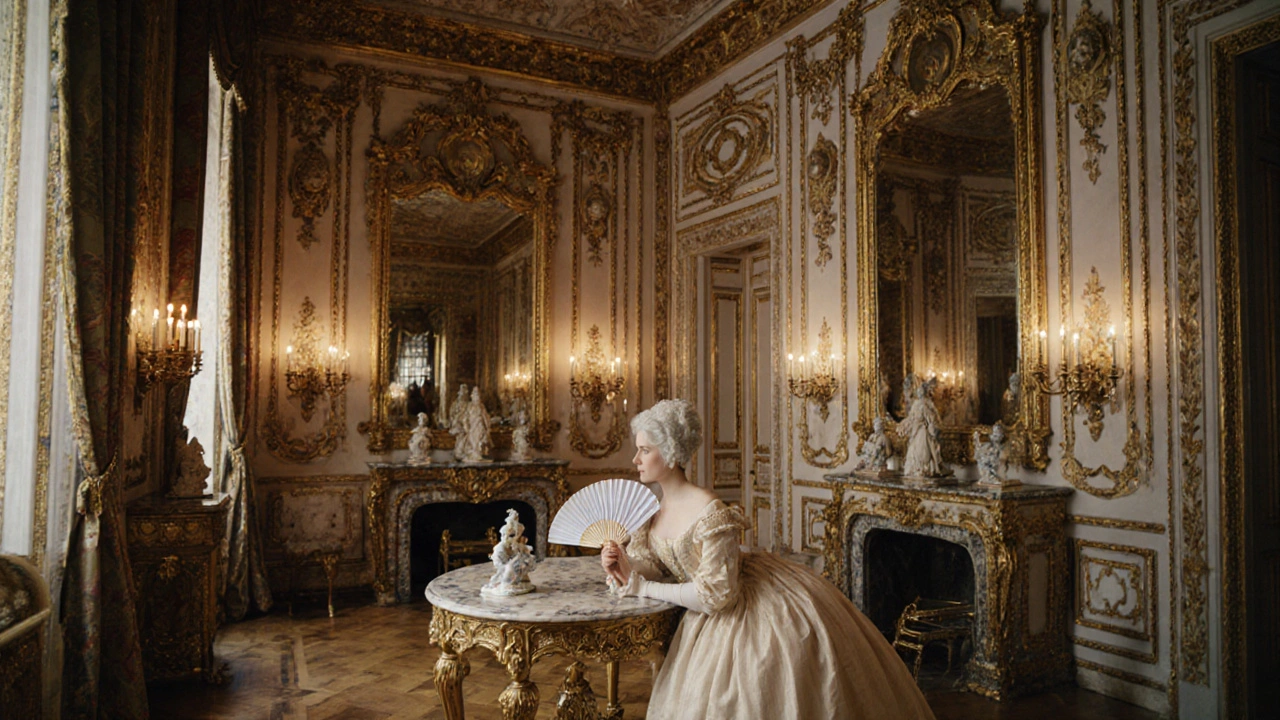 A lavishly decorated 18th-century Parisian salon with gilded walls, curved moldings, and delicate furniture, lit by candlelight and reflecting in ornate mirrors.