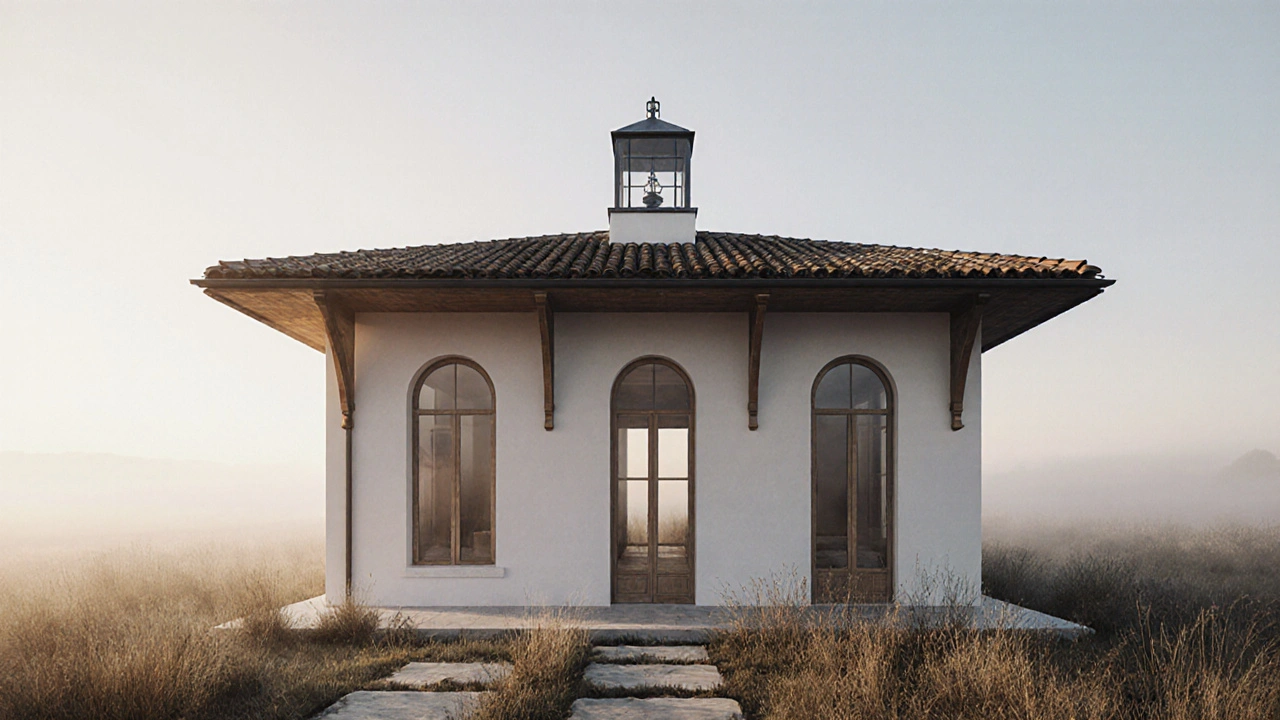 A modern home incorporating Italianate elements like brackets and arched windows with a sleek glass cupola at dawn.
