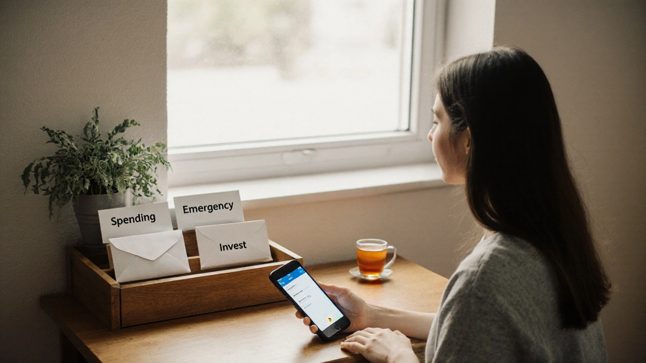 A person at a clean desk, phone face-down, with three labeled envelopes in a drawer — peaceful and clutter-free.