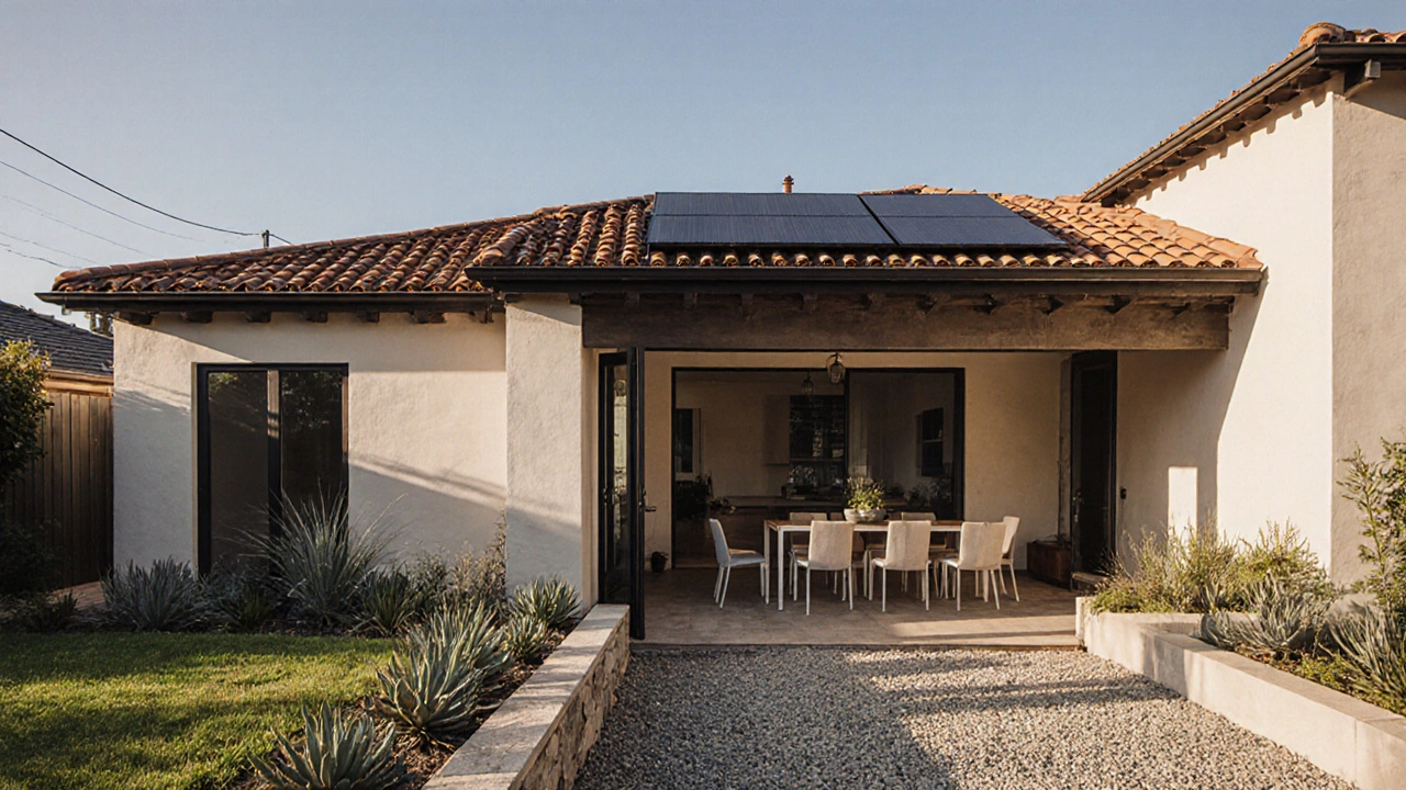 A restored Mediterranean home with solar panels and green roof, blending traditional architecture with modern sustainability.