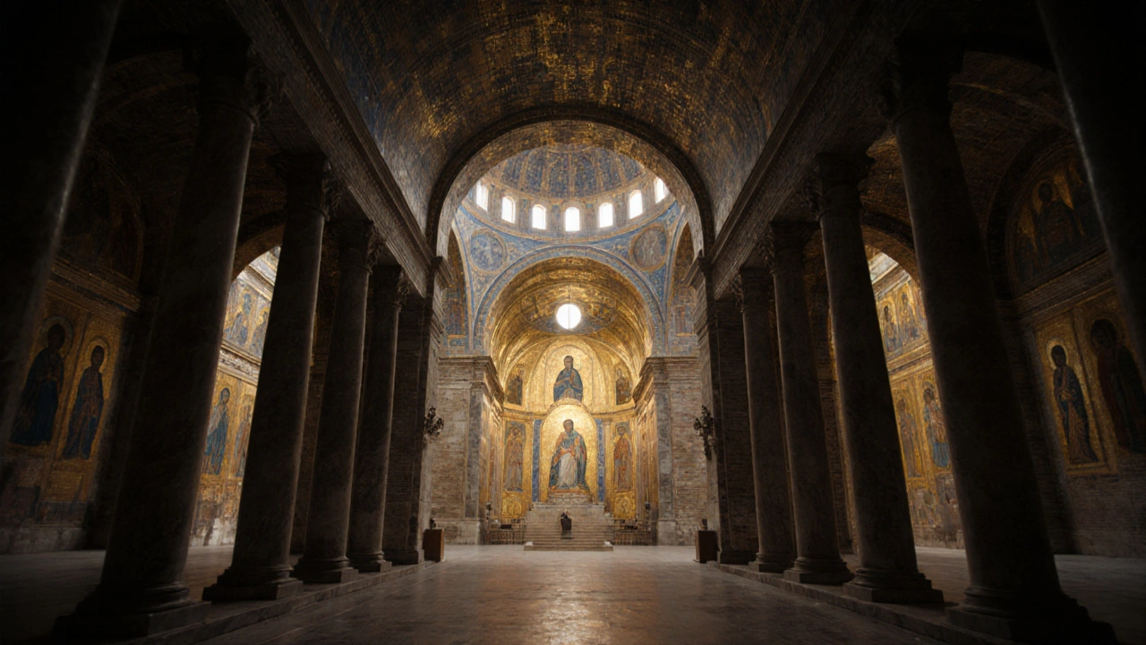 A spiritual journey from dark entrance to luminous sanctuary under a glowing Byzantine dome.