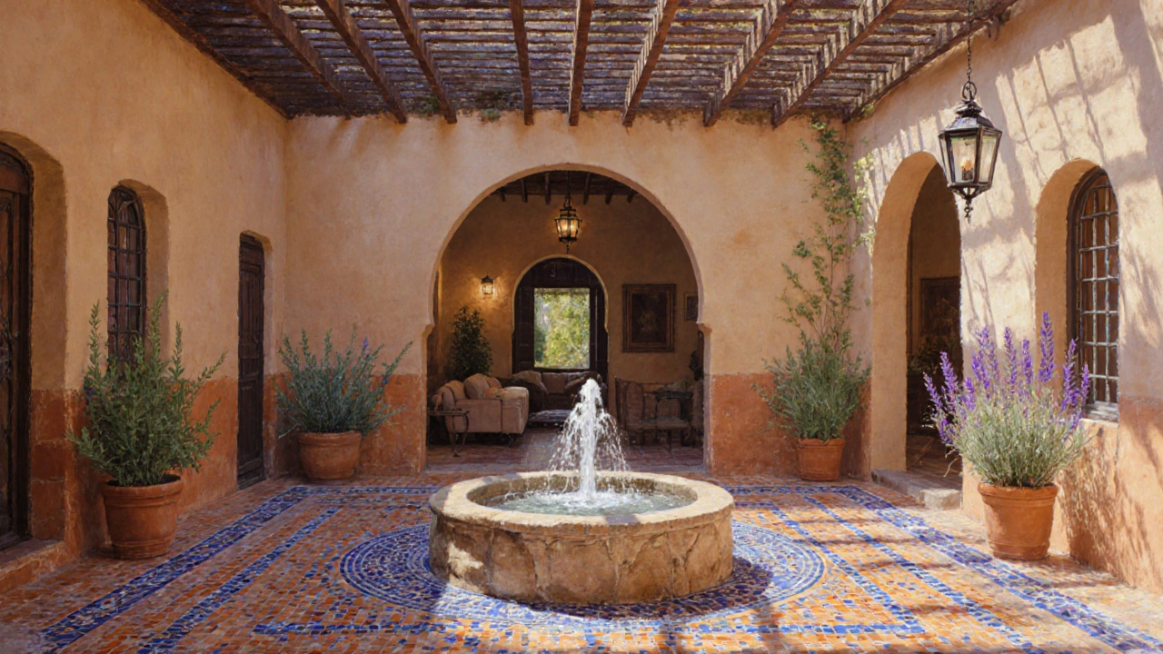 A tranquil courtyard with a fountain, mosaic tiles, and arched windows shaded by a wooden pergola.
