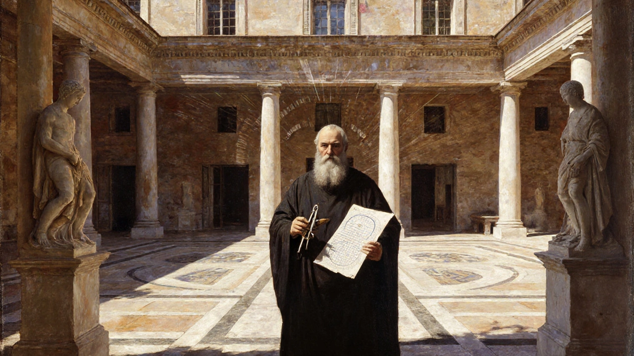 Alberti sketches proportional designs beside a symmetrical Renaissance villa with classical columns and harmonious windows.