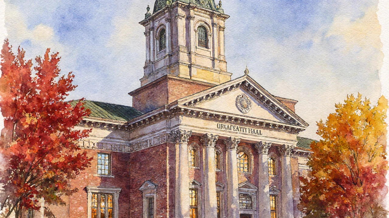 An Italianate city hall with a tower and decorative brackets under autumn trees, bathed in warm late afternoon light.