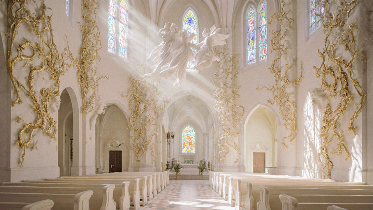 An ornate church interior with white stucco angels, golden vines, and curved ceilings, glowing with soft light as if made of whipped cream and gold leaf.