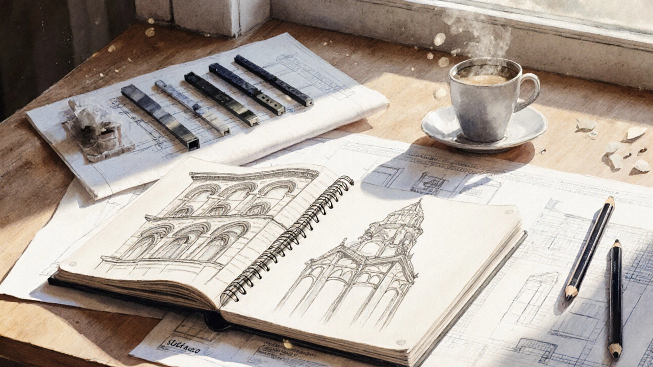 Architect&#039;s sketchbook with Italianate design elements and modern material samples under natural light.