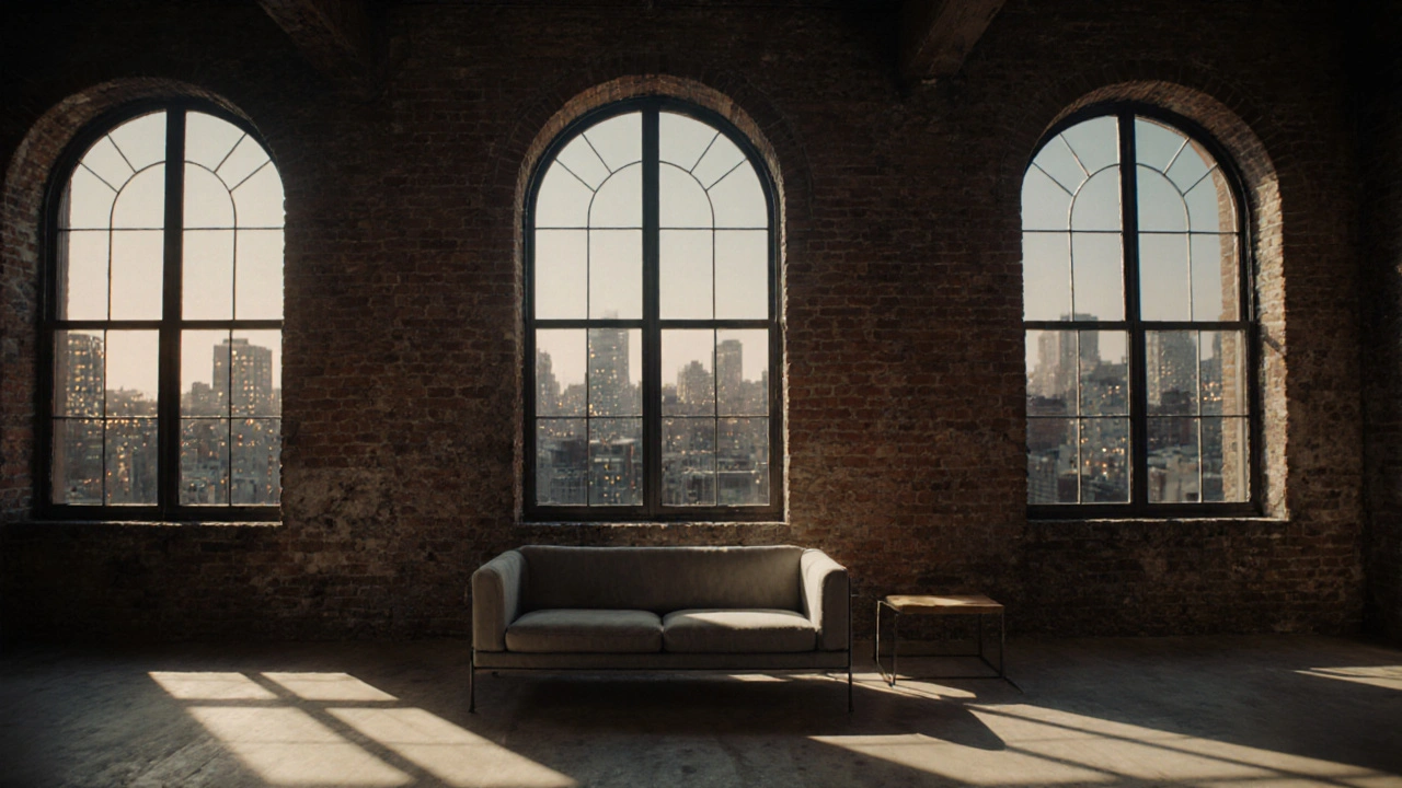 Brooklyn warehouse loft with arched windows and modern interior in warm lighting.