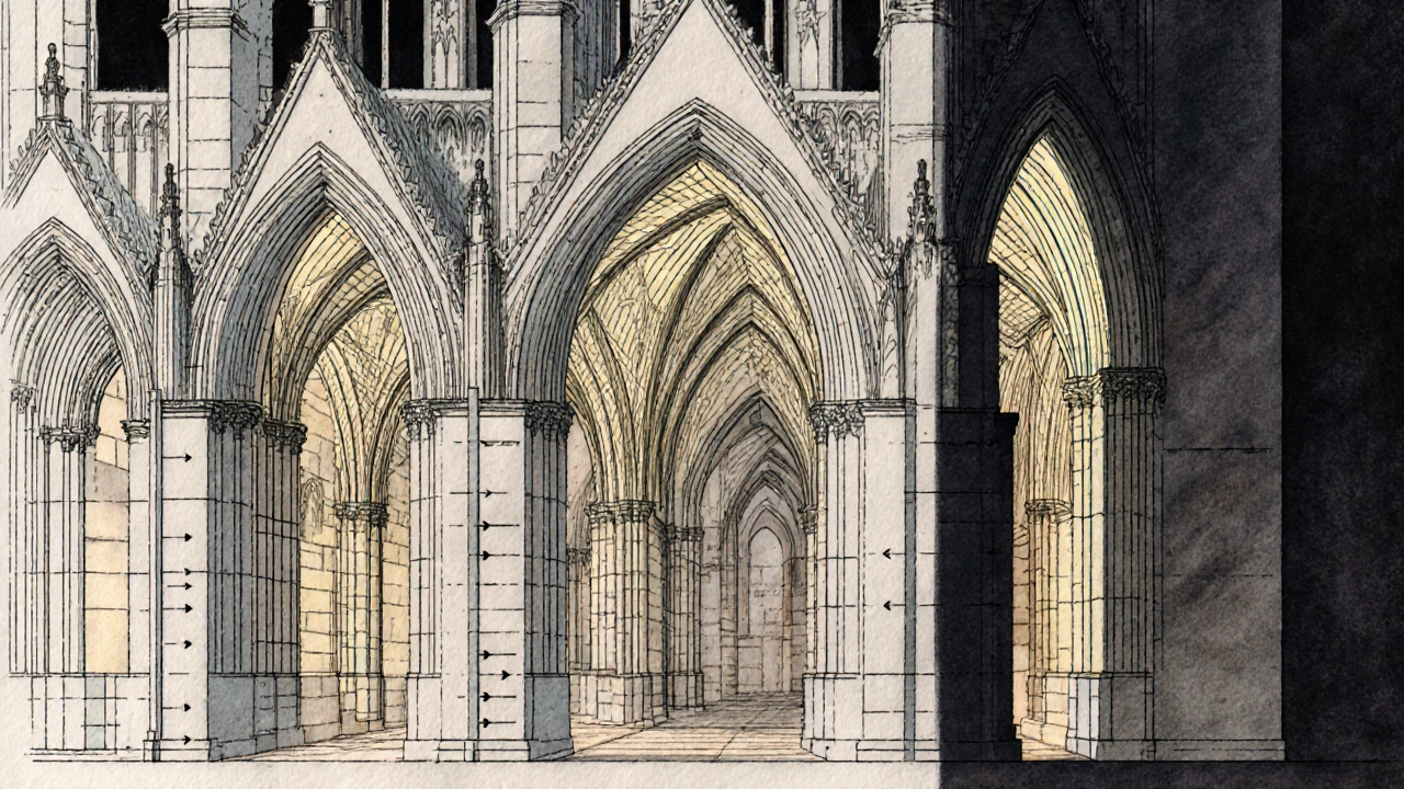 Cross-section diagram showing Gothic structural elements: pointed arches, ribbed vaults, and flying buttresses.