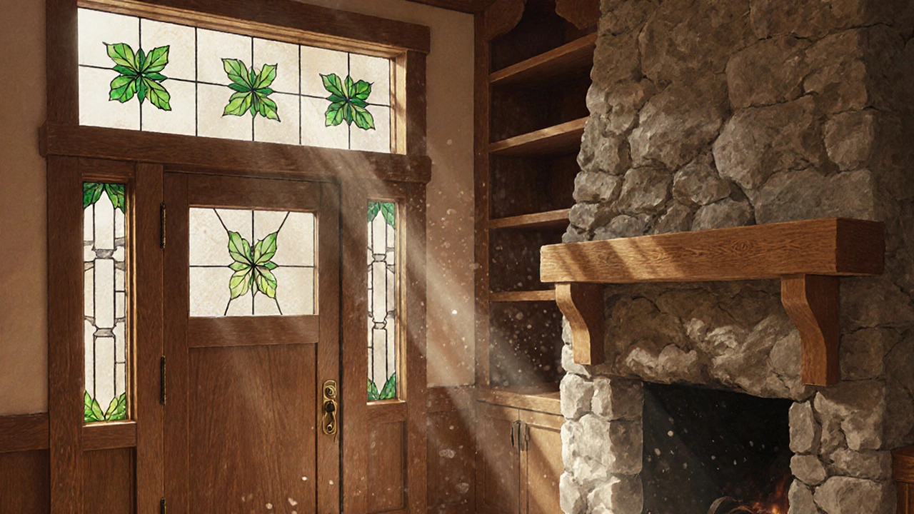 Interior of a Craftsman home with built-in shelves, stone fireplace, and stained glass windows casting warm light.
