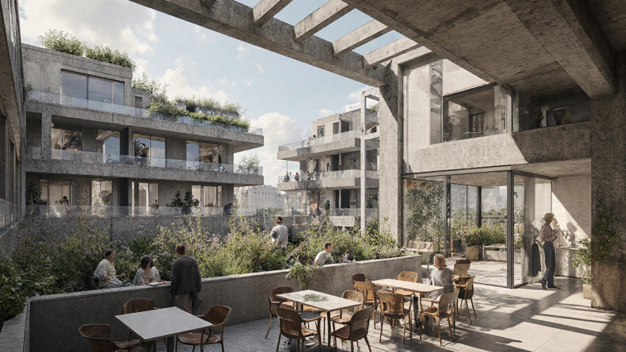 Modern co-living space with exposed structure, shared kitchens, and rooftop garden inspired by constructivism.