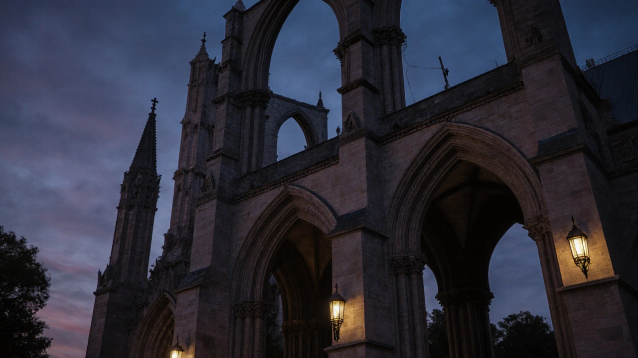 Salisbury Cathedral’s towering flying buttresses at dusk, stone arms supporting the building against the twilight sky.