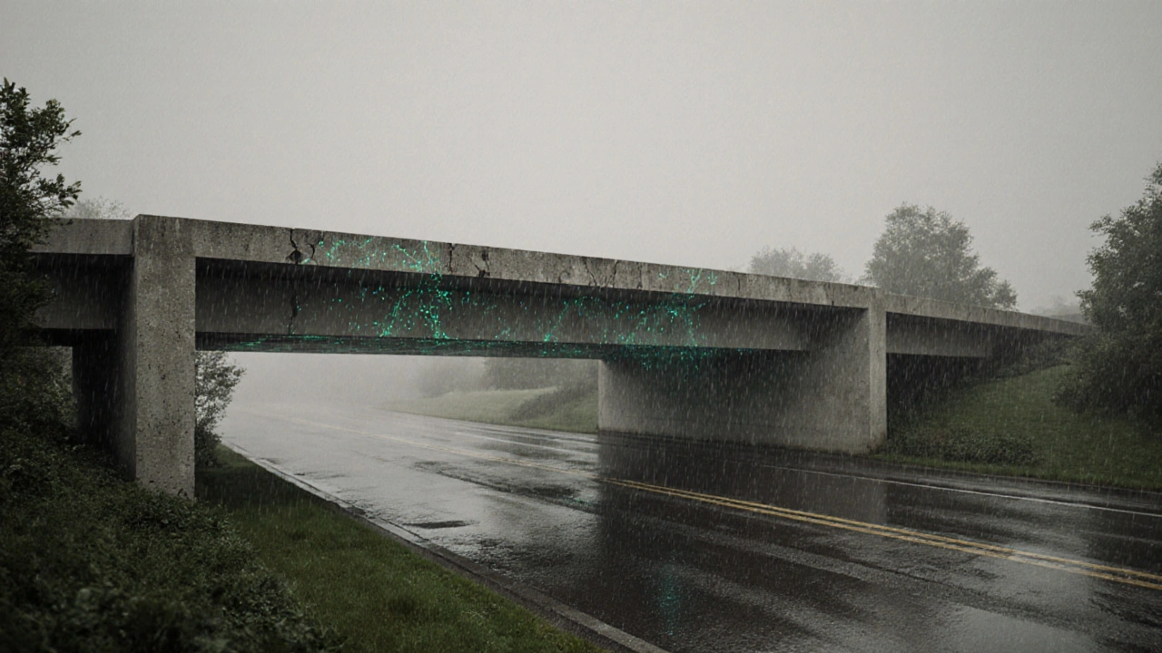 Self-healing concrete bridge with bioluminescent repair sites during light rain.