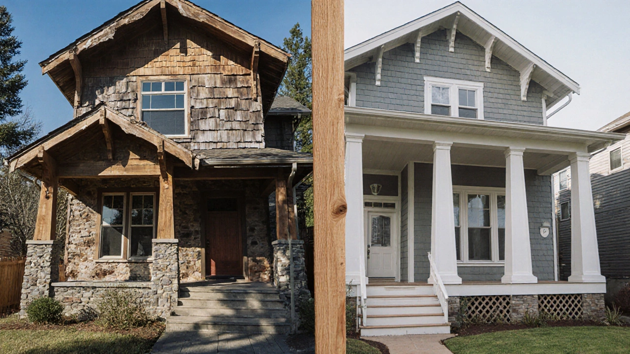 Side-by-side: authentic 1915 Craftsman home versus modern imitation with inferior materials.