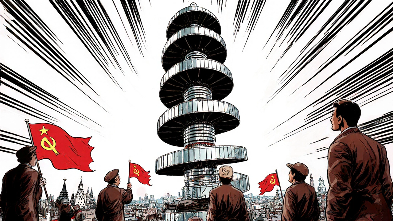 Tatlin’s Tower as a spiraling steel monument against a revolutionary Moscow skyline.