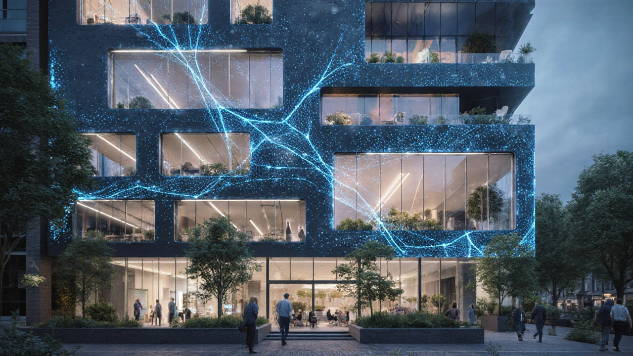 The Edge building with glowing sensors and natural light filling open office spaces.