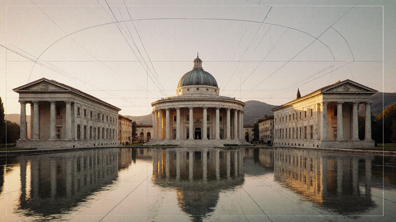 Villa Rotonda at sunset, four identical porticos reflect in a calm pond, perfect symmetry and grid lines visible.