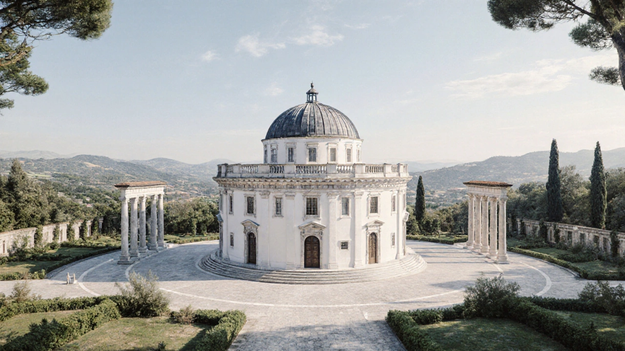 Villa Rotonda with four symmetrical porticos surrounded by gardens under soft daylight.