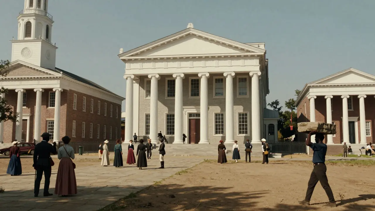 19th-century town square with Greek Revival buildings and citizens, a laborer in shadow.