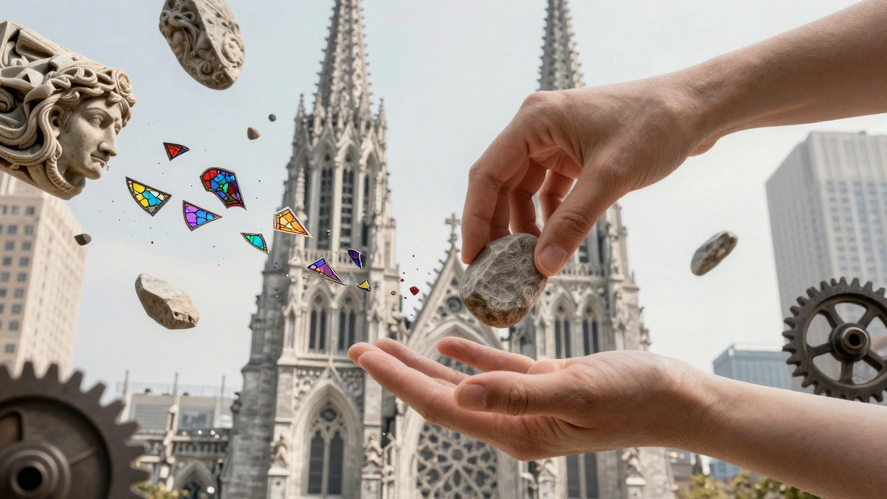 A modern hand placing a stone into the unfinished cathedral amid floating medieval and industrial fragments.