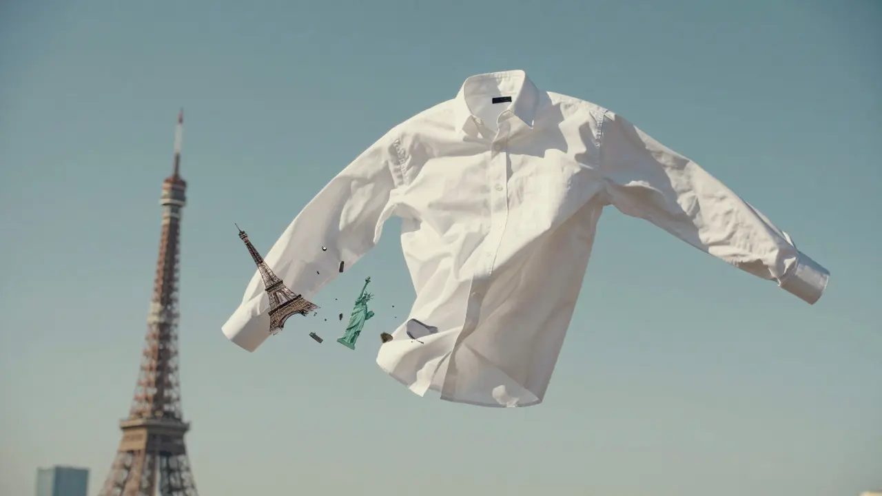 A white shirt floating mid-air, surrounded by fading global landmarks made of fabric.