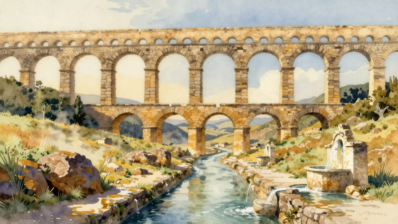 Aqua Claudia aqueduct spanning hills with water flowing through stone channels under golden light.