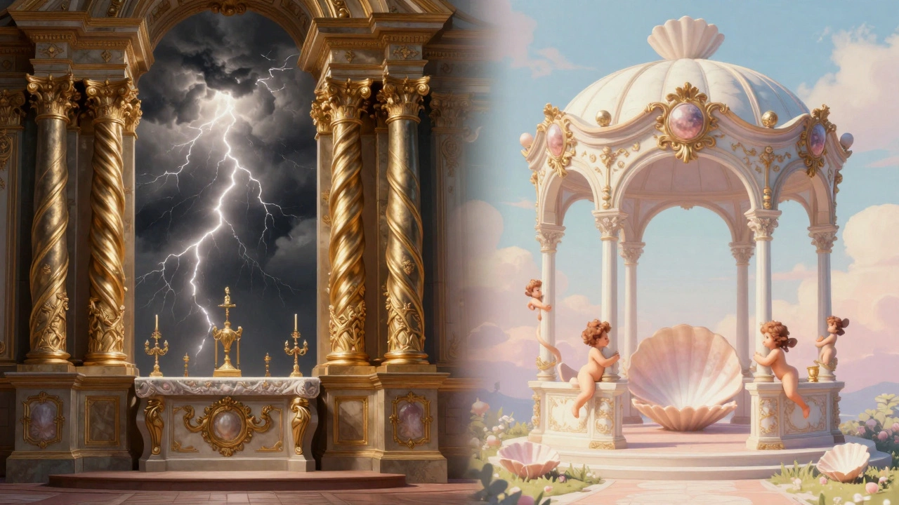 Contrast between dramatic Baroque altar and delicate Rococo pavilion