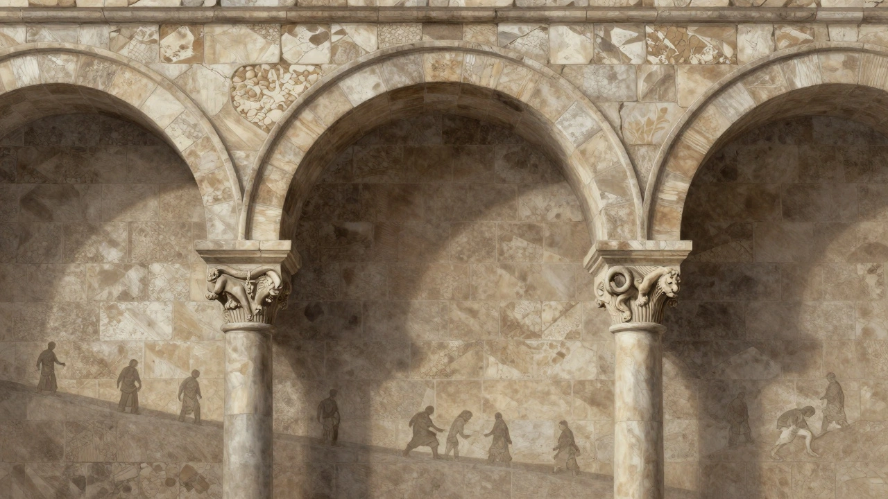 Cross-section of Romanesque architecture showing thick walls, rounded arches, and symbolic stone carvings of lions and serpents.