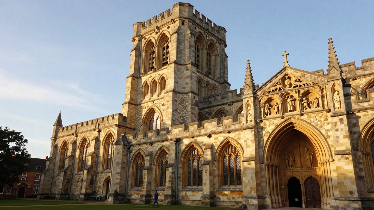 Durham Cathedral&#039;s massive square tower and rounded arches under golden sunlight, with pilgrims on a connecting walkway.
