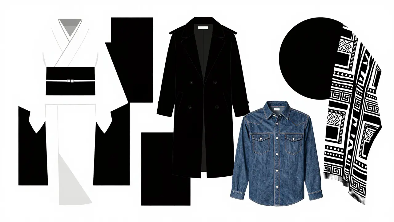 Geometric collage of global clothing styles in monochrome Bauhaus design.