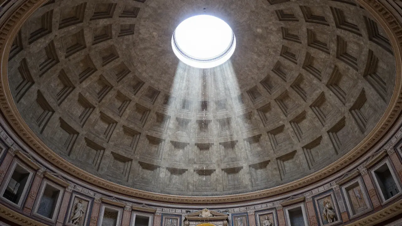 Interior of the Pantheon with sunlight pouring through the oculus onto the concrete dome.