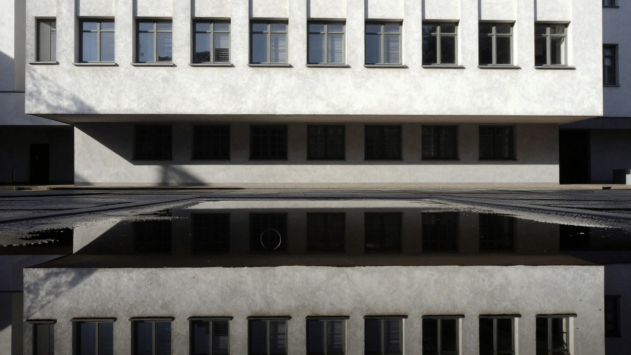Low-angle view of a Bauhaus building reflected in a puddle, highlighting geometric symmetry.