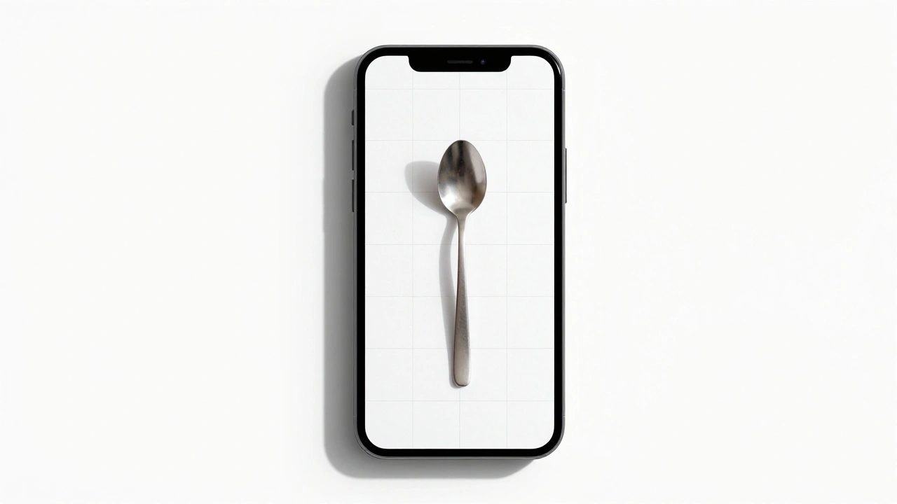 Minimalist smartphone photo of a spoon on white background with grid overlay and clean shadow.
