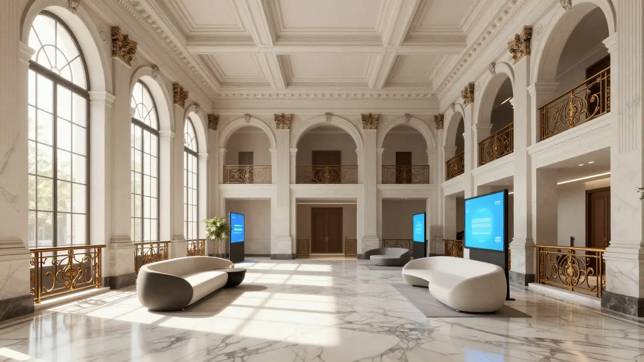 Modern interior with Beaux-Arts architecture, marble floors, and minimalist furniture.