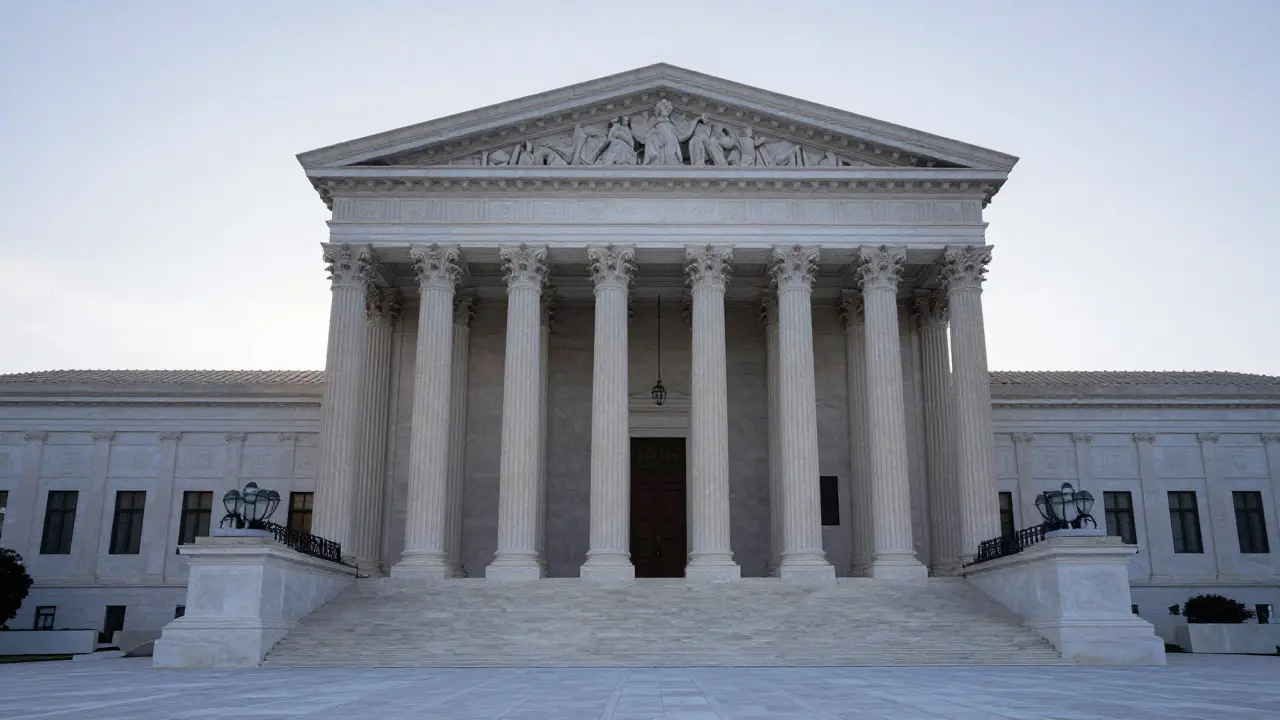 Modern U.S. Supreme Court building at dawn, its Greek temple facade glowing in morning light.