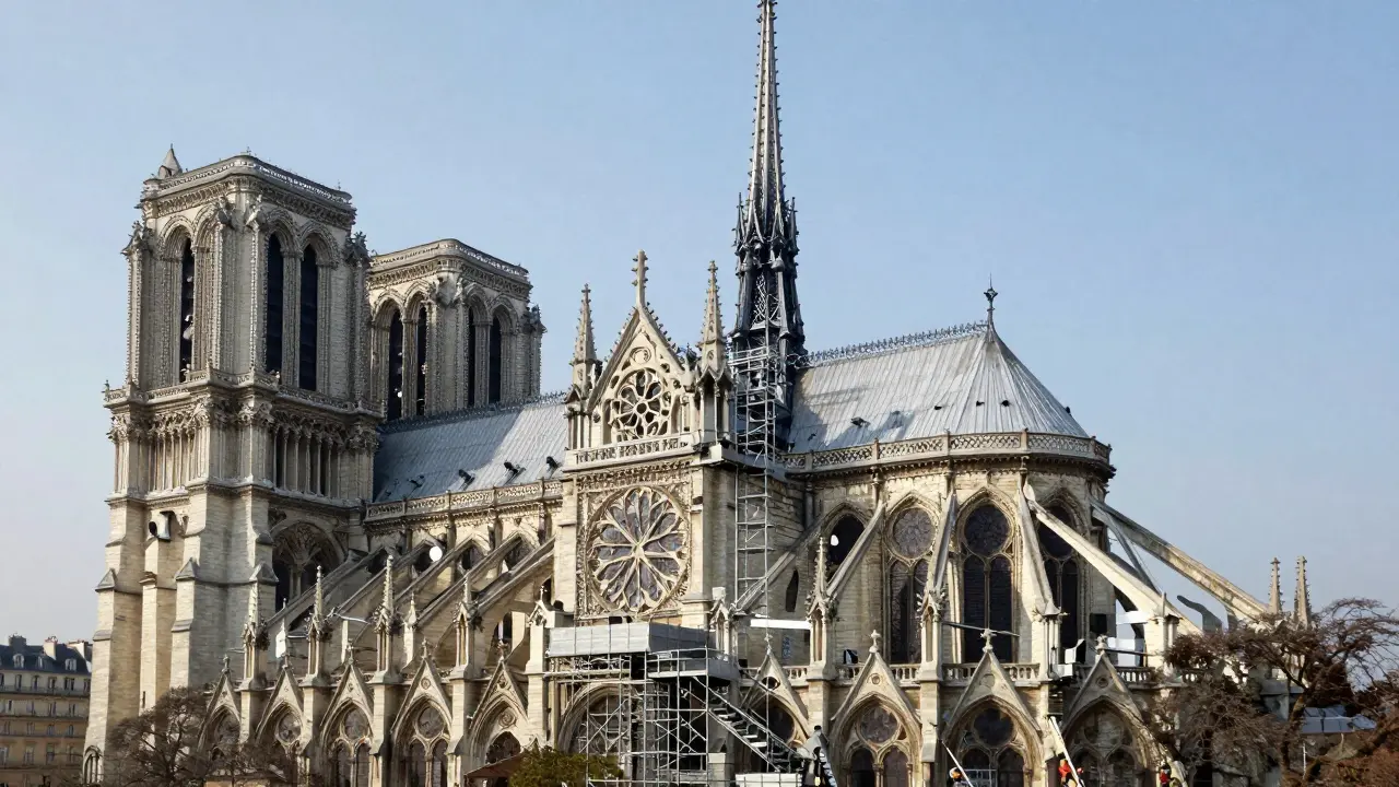 Notre-Dame Cathedral during 1840s restoration, workers on scaffolding adding the iconic spire.